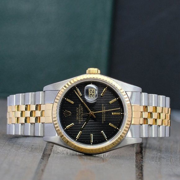 ROLEX MENS DATEJUST 16233 GOLD &STEEL BLACK DIAL FLUTED 36MM WATCH BOX & PAPERS - Picture 4 of 11